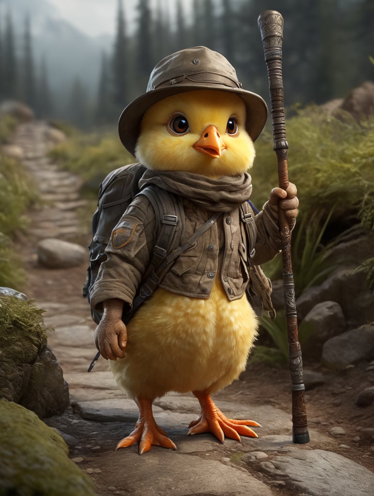 Cartoon baby chick, Hiker, walking stick, hat, pants, boots