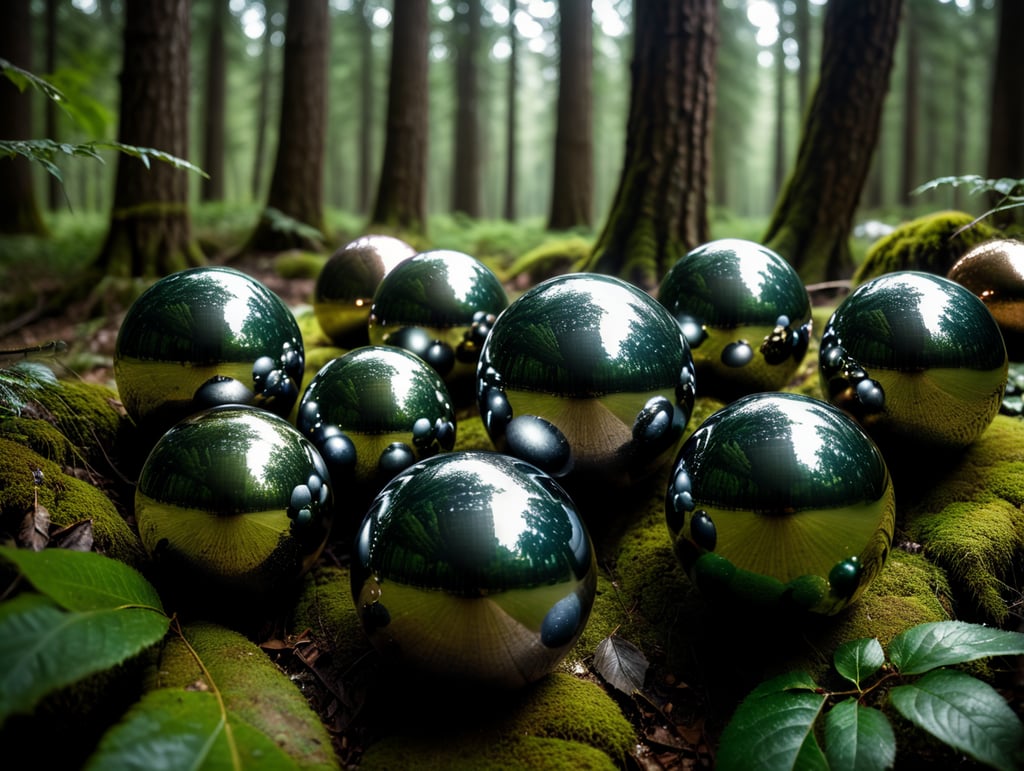 chrome round balls flying in the forest, no blur, sharp focus, cinematic lighting, epic scene