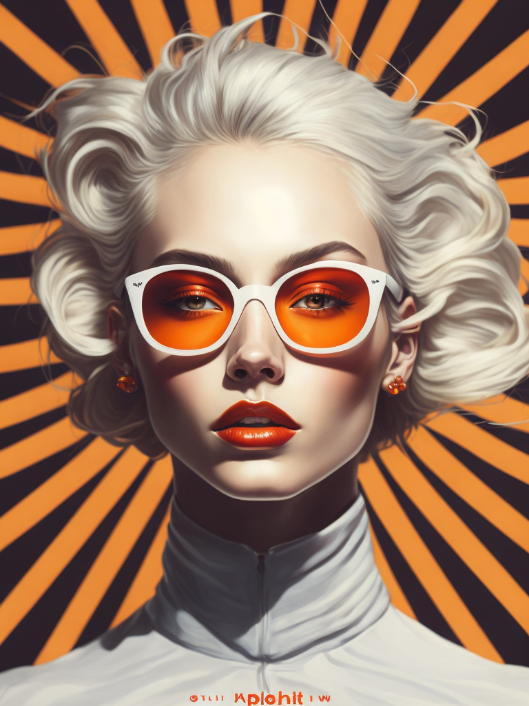 Pale-skinned girl model, wearing a high-necked dress, contrast lighting, white sunglasses with red-orange lenses, red lips, blonde hair in a bob style, dark background with orange-red rays, fashion model, magazine cover, professional shot,