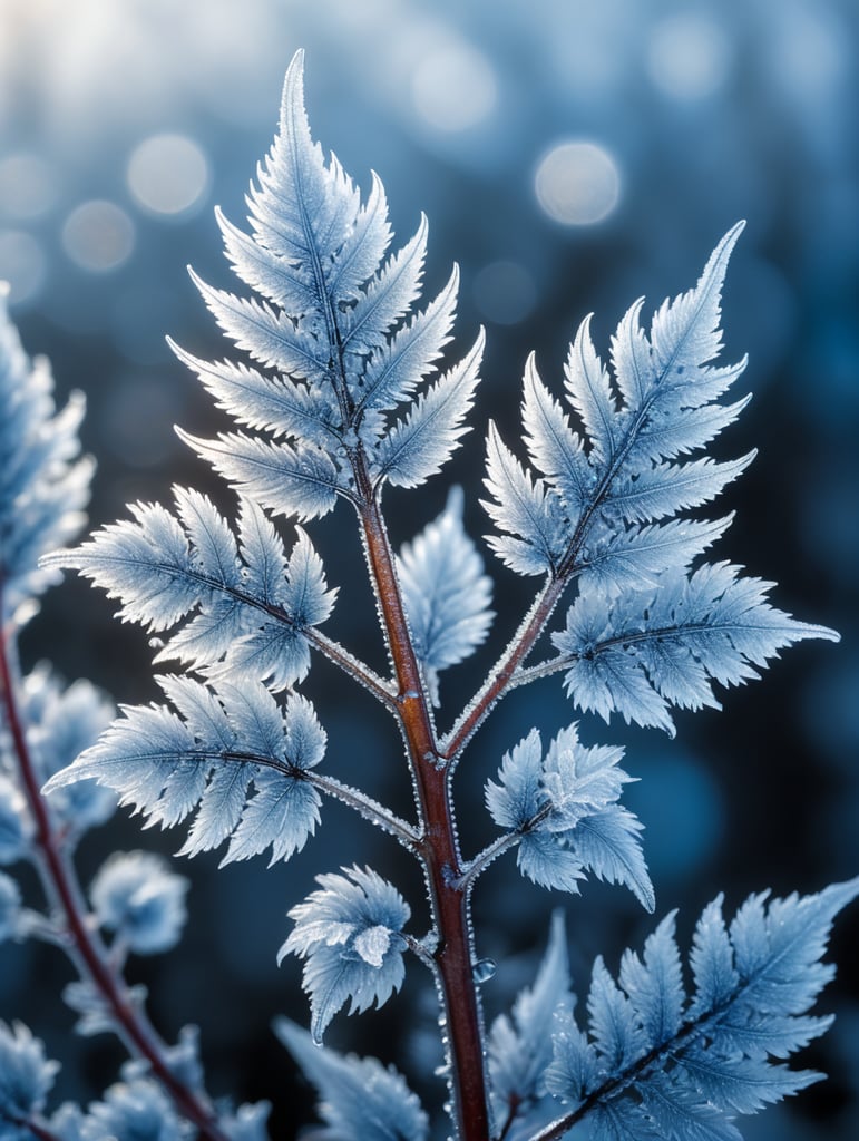 Frost delicately crystallizes on intricate patterns of translucent calamus berries, creating a fascinating manifestation of the icy mastery of nature. The prevailing cold shades of blue and white emphasize the chilling beauty of the scene. This close-up image, most likely a high-definition photo, masterfully conveys stunning details thanks to the bokeh effect, allowing frost to shimmer unearthly on a soft background. Using high-resolution microscopy, the image demonstrates photorealism, guaranteeing a flawless image of every tiny ice crystal, emphasizing the exceptional image quality.