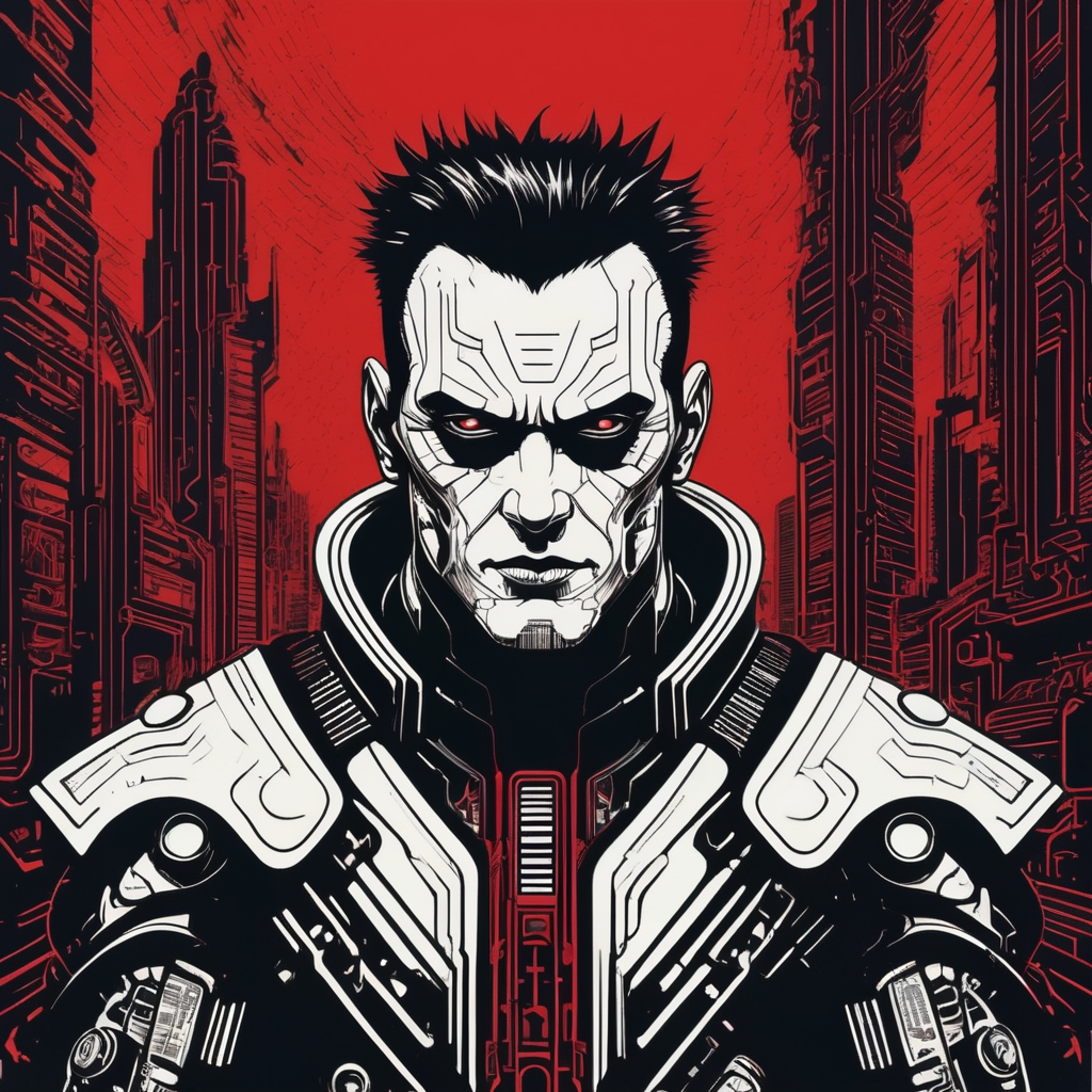 cyberpsychopath, against the background of a dark cyberpunk setting, retro style, linocut, ink printing, in the style of linear art, red black and white, high detail