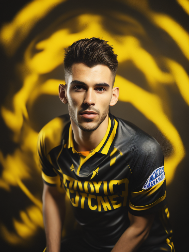 Portrait of soccer english player 1900, yellow and black shirt, whole body, bright and saturated colors, elegant, highly detailed, vogue, fashion magazine, sharp focus, Bright expressive makeup, Dramatic Lighting, Depth of field, Incredibly high detailed, blurred background