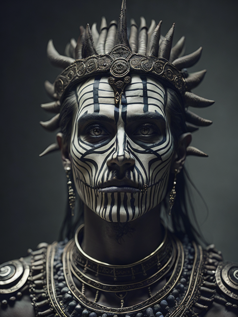 In this powerful and evocative image, mictlantecuhtli, the ancient aztec god of the underworld, emerges in all his ominous glory. rendered predominantly in stark black and white, with subtle gradations of gray, the depiction showcases the deity's menacing presence and serves as a testament to his authority. mictlantecuhtli's face embodies an intense fury, with furrowed brows and eyes ablaze with anger. his facial features are sharp and defined, with deep-set eye sockets that pierce through the darkness. elongated, bony structures form his skeletal visage, accentuating the otherworldly nature of his being. jagged teeth, stained and yellowed, protrude menacingly from his mouth, capturing his ferocity and instilling fear in those who behold him. the environment surrounding mictlantecuhtli reflects the essence of his era, transporting us to the aztec underworld known as mictlan.