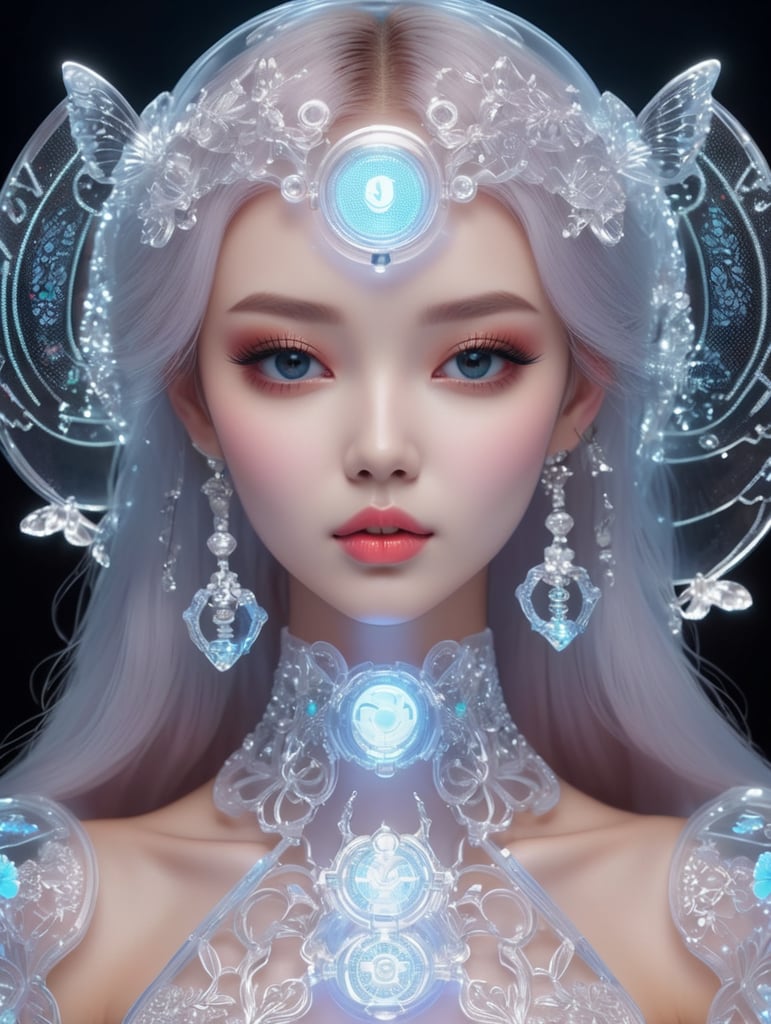 Cute aesthetic, a (tiny cute translucent polycarbonate women) with an led screen face, emoticon, stunning render, intricate details