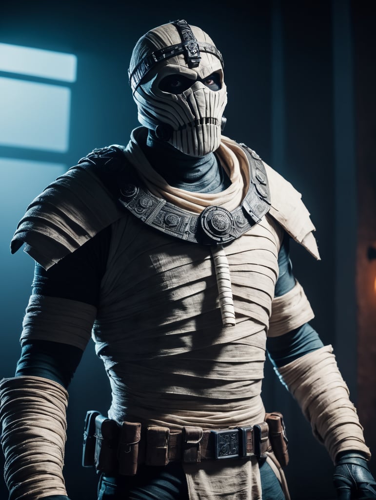A photograph of mummy costume covered in bandages for a male character with fortnite style, halloween costume, white background, full body