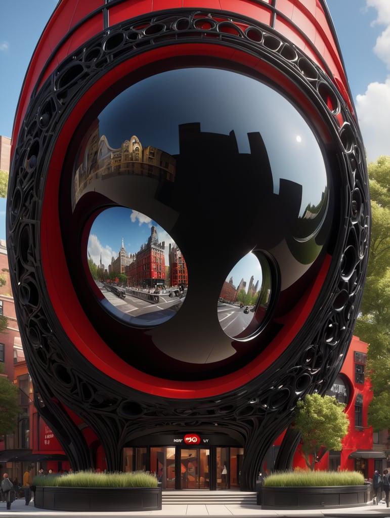 dream prompt: the craziest, bentwood, far view lens architectural modern style hyper realistic hyper detailed neocosmic exterior architecture design of a spider Fluid complex facade, geometric shapes spectrum, black::1 red:3, Antoine Blanchard architecture art style, in new york city, dramatic ambient, natural lighting, camera sony, 8k, --s1000 --style raw, you can imagine