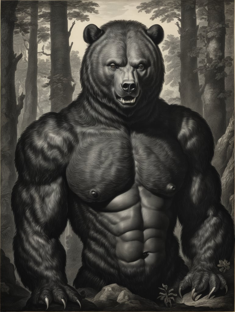 An old engraving by Hendrick Goltzius, a bear-like creature with the face of a black woman, full body portrait