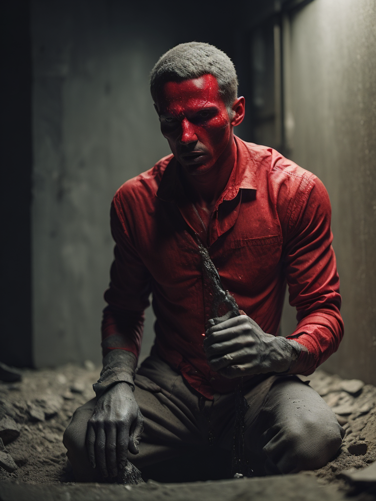 Red plastic statue of a man melting into the concrete concrete room dark and moody