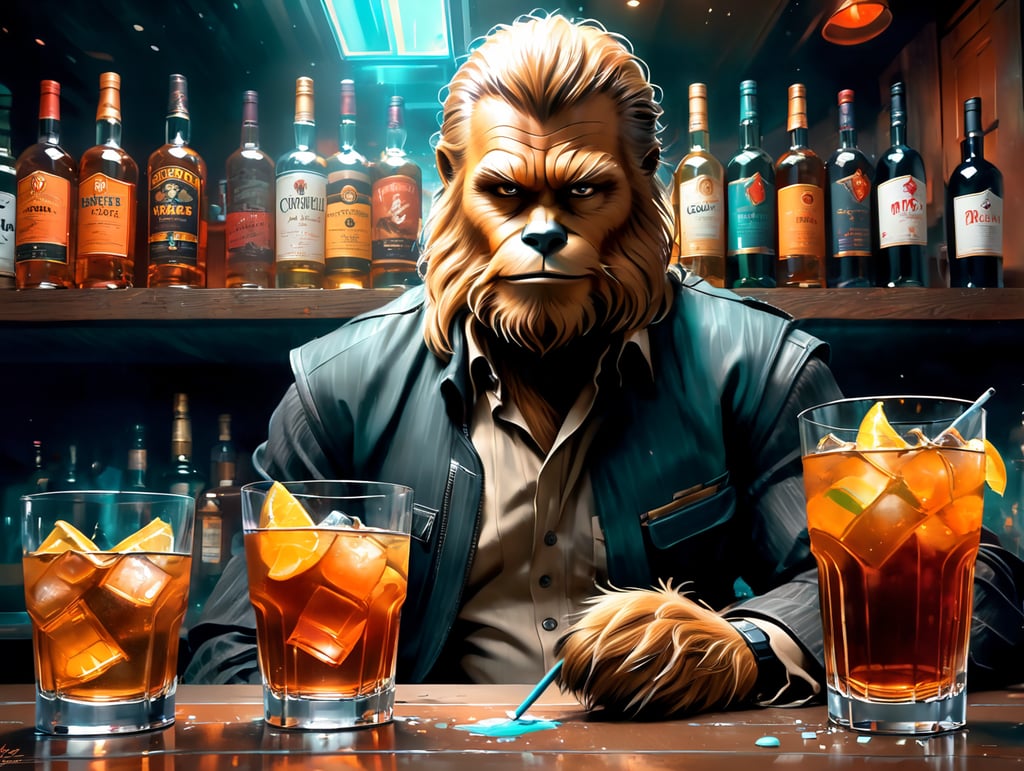 Chewbacca down on his luck drinking scotch in a sleazy bar