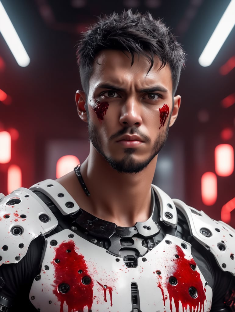 A realistic photograph of a 22-year-old man, with a scary angry expression, black messy short hair, dark black eyes, with a cut scar in the eye, with no beard, strong body, wearing a white robotic armor, covered with red dye, with a bright background with white leds, dramatic illumination, hyperdetailed, hyperrealistic, 8 k