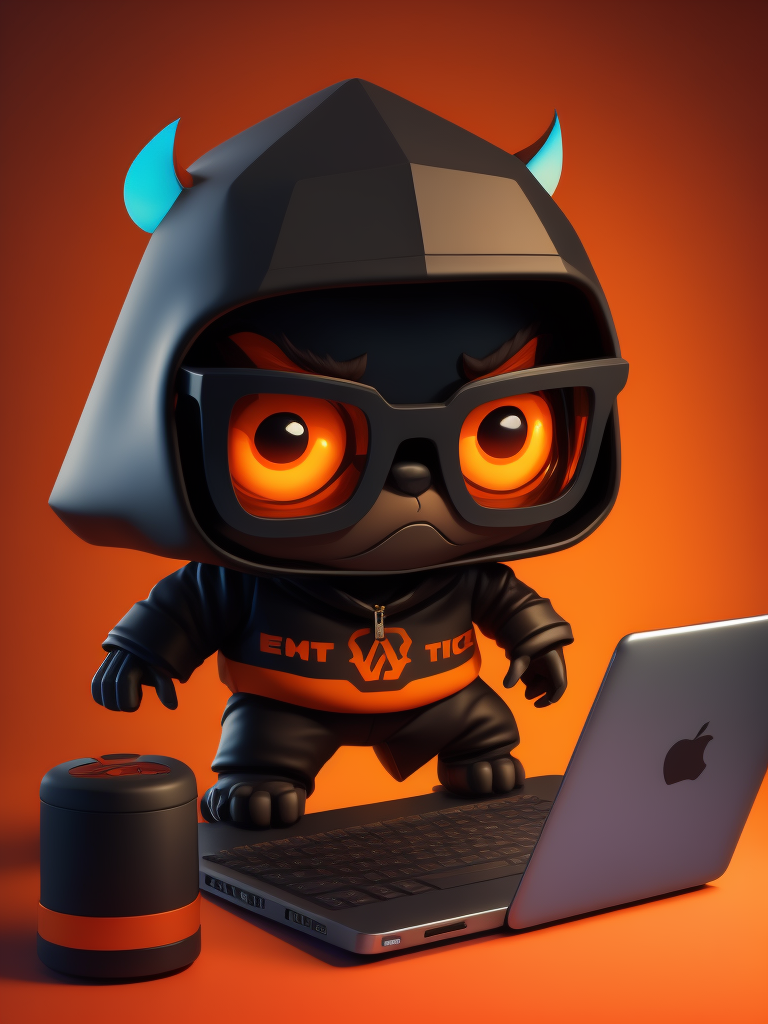 mascot monster typing laptop, a cute mascot character wearing black hoodie and glasses, orange color, funko pop, vibrant gradient background,