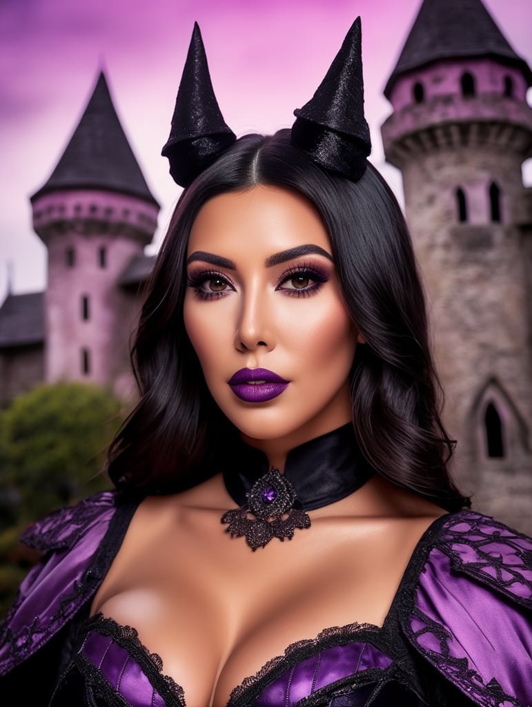 Portrait of Kim Kardashian in a witch costume for Halloween, scary dark makeup on her face, gloomy dark atmosphere, vintage 70s style, purple, pink and black colors, high detail photo, professional photo, against the backdrop of an old creepy castle, contrasting light, bright colors, deep dark atmosphere