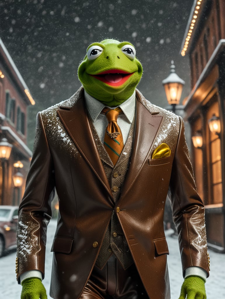 Kermit the frog wearing a brown gucci suit, gucci promo photo, 8k photo, snowing outside, dark hues, 8k photography, studio lighting, promo