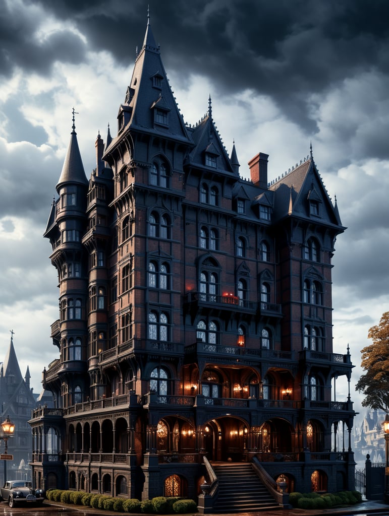 Step into the mind of a madman with a blueprint of Holmes' "Murder Hotel," featuring a unique blend of Gothic architecture and modern horror elements.