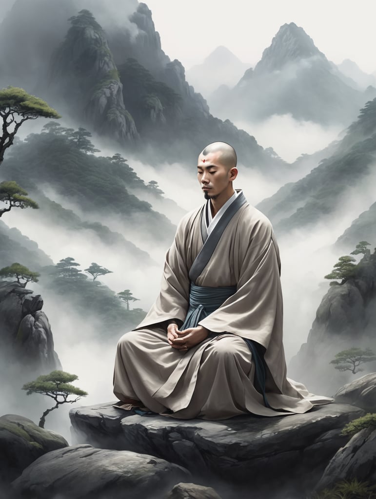 Anime Monk meditating in mountains