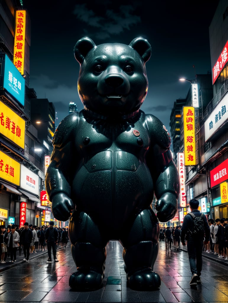 A giant gummy bear, 4 stories tall, walking through tokyo at night