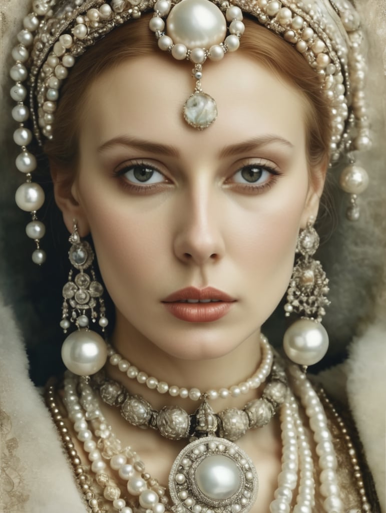 Russian woman with pearl jewelry, in the style of manipulated photography, byzantine-inspired, alejandro jodorowsky, multilayered mixed media, marianna rothen, edwin lord weeks, close up