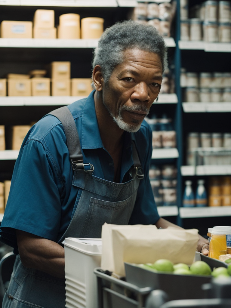 portrait of Morgan Freeman as a cashier, wearing a blue apron, in a grocery store