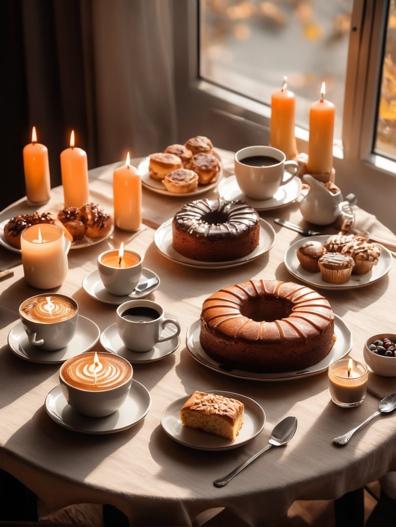 Breakfast table hot coffee birthday cake with candles some pastries autumn ambient daylight warm sunlight