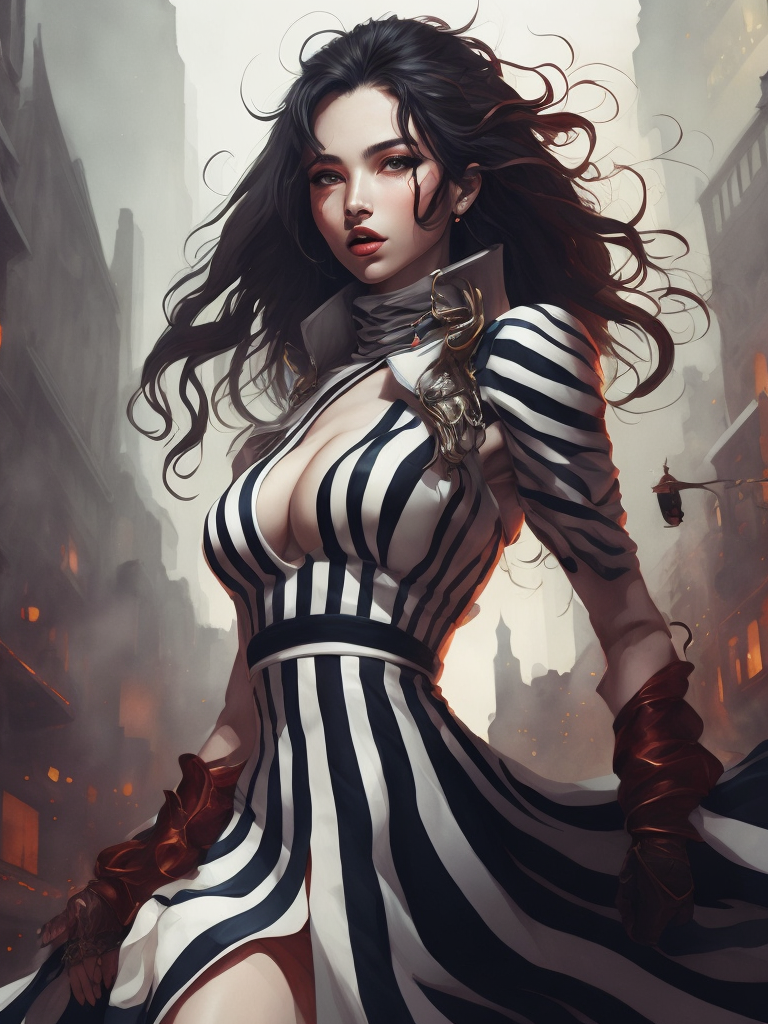 Pale-skinned girl model, wearing a black and white striped dress with a high collar, contrast lighting, Bright red make-up, Black and white curly long hair, dark background, fashion model, magazine cover, professional shot,