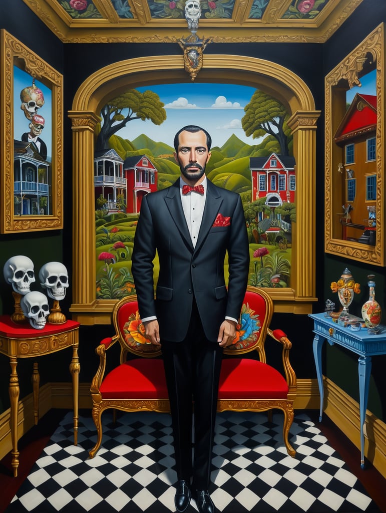 The man who took a debt for a house to death, mort gage, style of Catherine Nolin, Painting, Acrylic, Oil, Portrait, Interior, USA