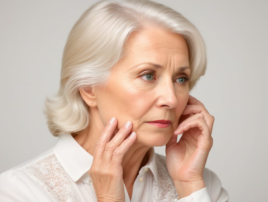 Blonde middle aged woman ponders on something keeps hand near face, white hair, white blouse, mature women, pretty old women, isolated, white background