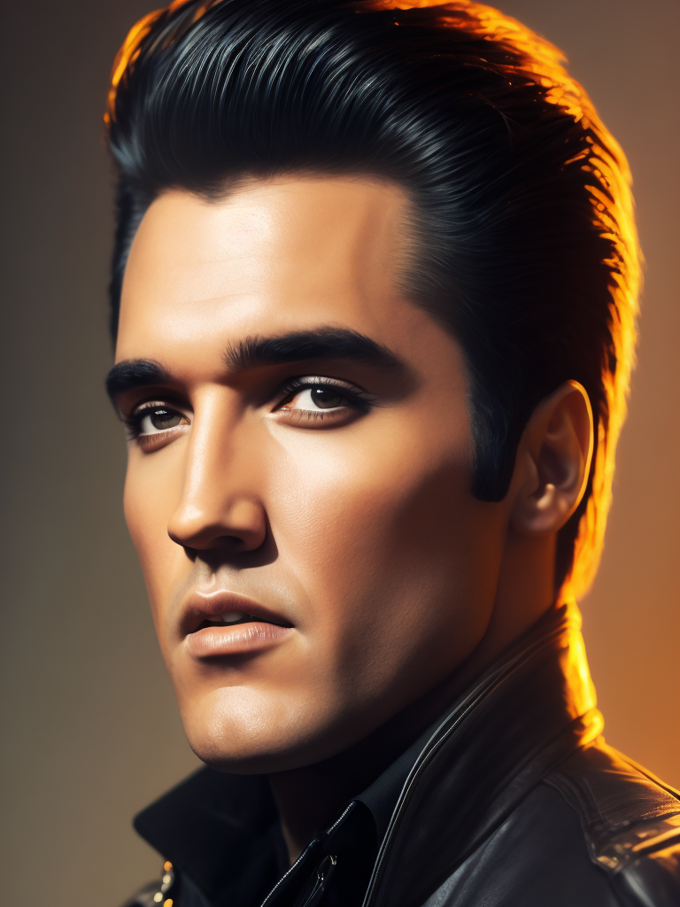 Portrait of Elvis Presley wearing a black leather jacket, studio photo, professional photo, Bright and rich colors, Detailed image, detailed face