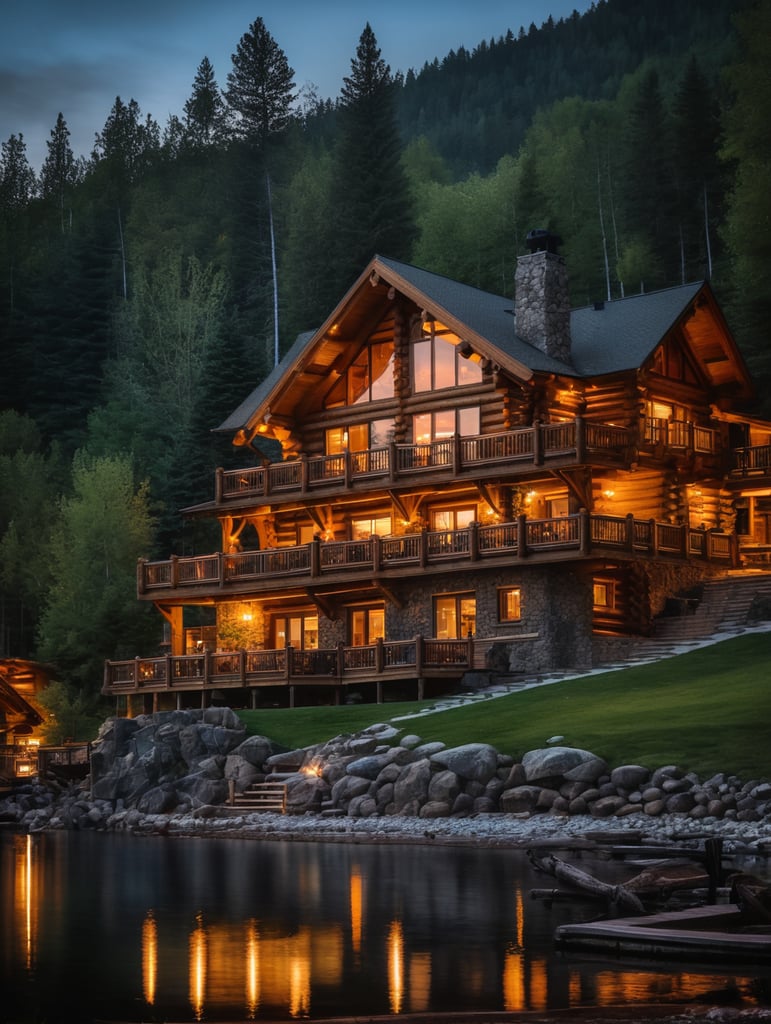 Professional evening photo of a Log mountain house, mountains, lake, forest