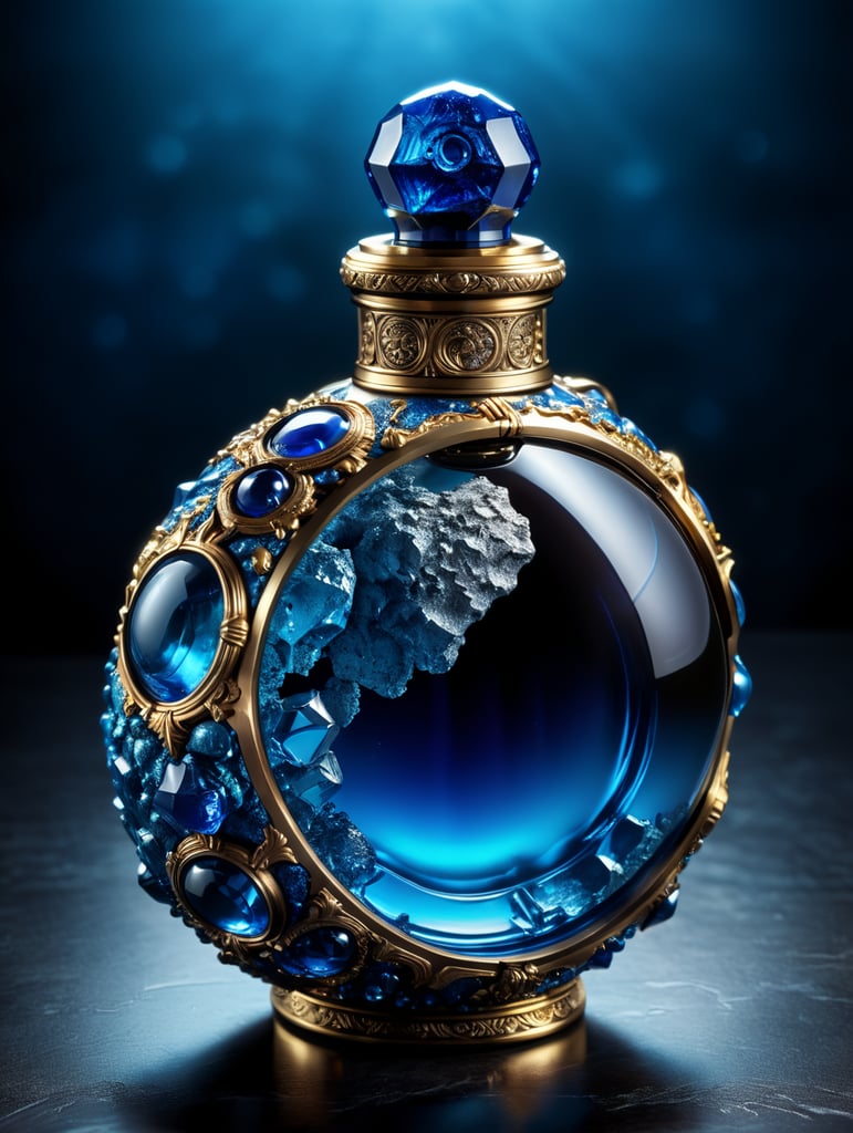 in the image a blue perfume bottle in the shape of an asteroid