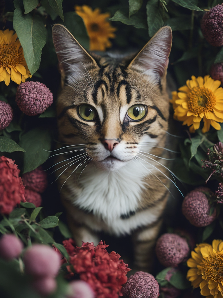 A cat is surrounded by flowers and flowers in a pile of them, looking up at the camera, a stock photo, conceptual art, photorealistic