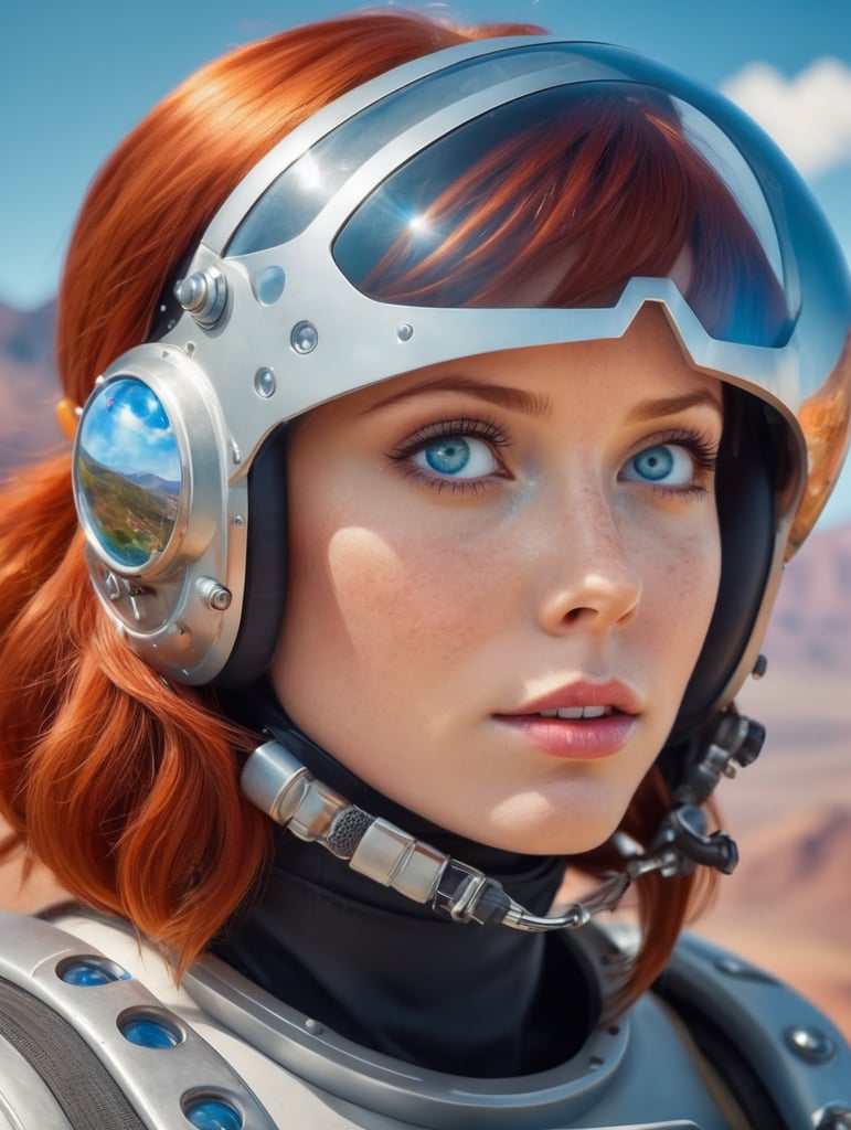 close up portrait three quarters, beautiful girl blue eyed red hair freckles looking up wearing futuristic astronaut helmet, amazed expression, sky and mountains background, sunny editorial lighting, vivid colors, detailed image