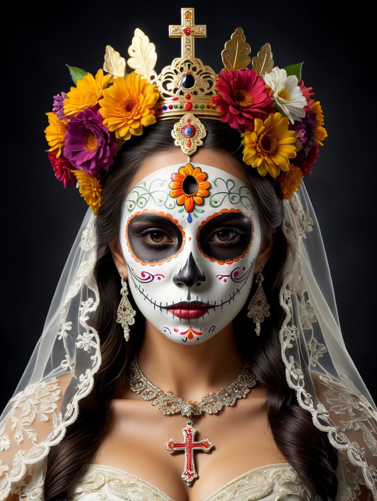Isolated logo cutout of a dia de los muertos, Mexican girl portrait wearing veil over her head with a crown of flowers praying with a crucifix wrap in her hand carnival mask of the day of the dead