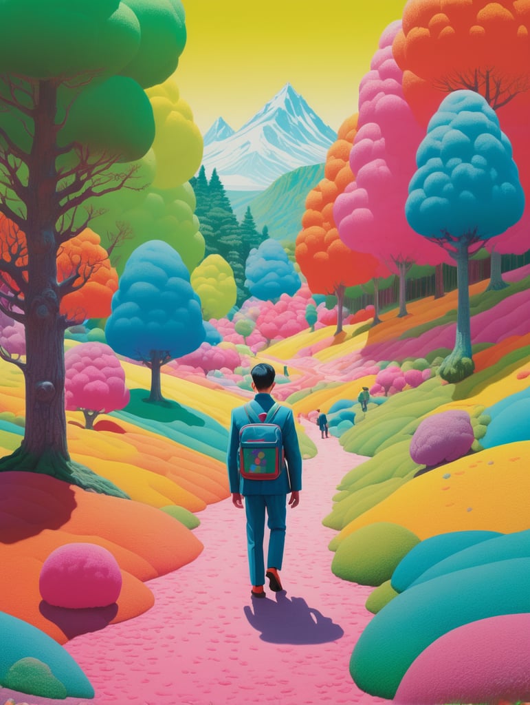 Neo-pop art risograph print, the man is walking through a colorful landscape, in the style of hikari shimoda, alex colville, young british artists (ybas), sandy skoglund, realist detail, pensive stillness, children's book illustrations --no mockup