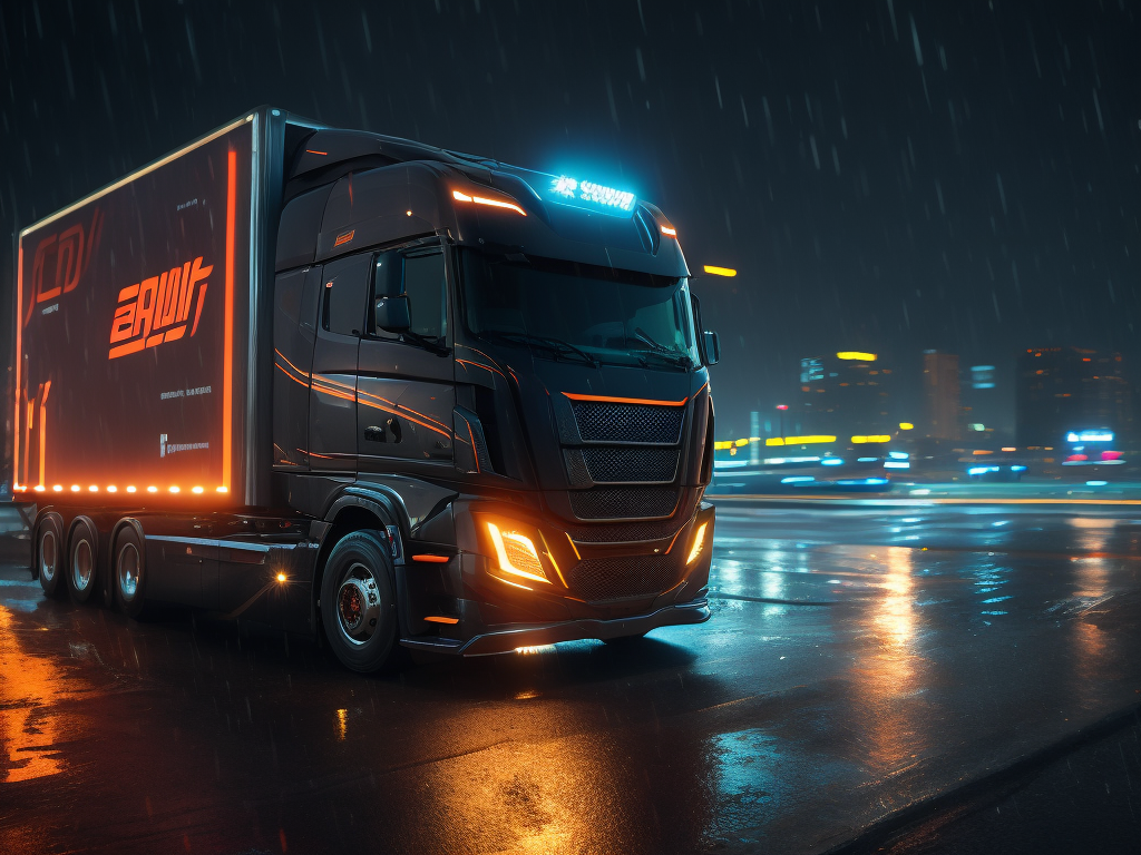 High tech trucks drive on the long and wide highway at the raining night. Headlights and cyberpunk advertisements light up the night all around.