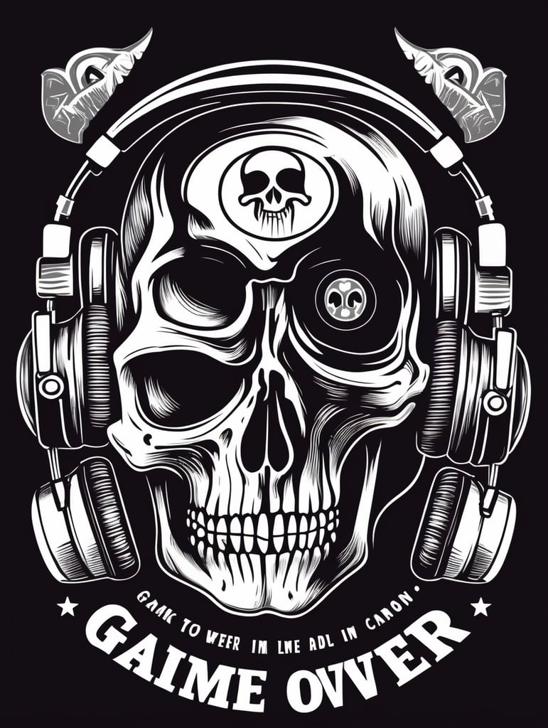 Black and white game over Skull Gaming Logo, linocut, vintage dead head or skull of gamer in headphones, vector image