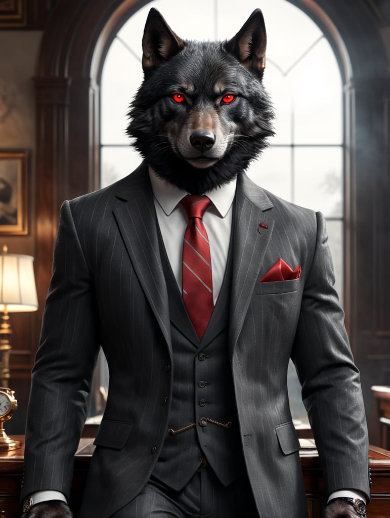 realistic black wolf with red eyes, wearing a grey pinstripe 3 piece suit that resemebles a sheepskin and monkstrap dress loafers,8k, unreal engine render, full body wearing a Rolex watch and pinky ring and neck tie