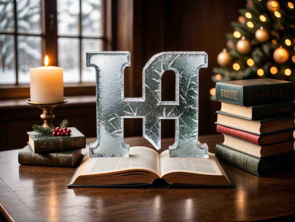 ice letter H wiwth Christmas background, with books