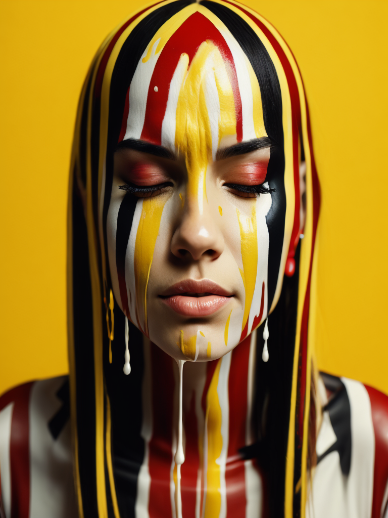 Portrait of a girl with a painted face and paint flowing from her face, closed eyes, yellow background