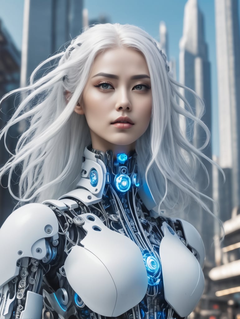 sci-fi cyberpunk woman posing from the side, full body, white long hair, serious face, action pose, robot cables going in head, robot parts in silver, white and blue, sci-fi city background