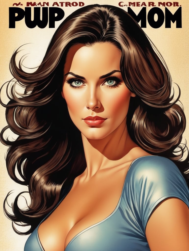 This artwork cover for a comic book of a beautiful mom with long hair by George Wilson is an eye-catching poster-style drawing and illustration representing the iconic pulp style.