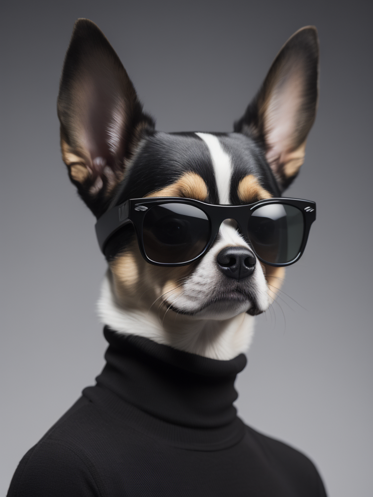 a young chihuahua in a (((black turtle neck shirt Andy warhol style))) wearing Ray-Ban sunglasses. sharp focus, highly detailed, photorealistic photoreal: 1.4, lifelike,highly detailed CG unified 8K,looking at the viewer smiling, (HQ skin:1.4), 8k uhd, dslr, soft lighting, high quality, film grain, Fujifilm XT3. black turtle neck shirt