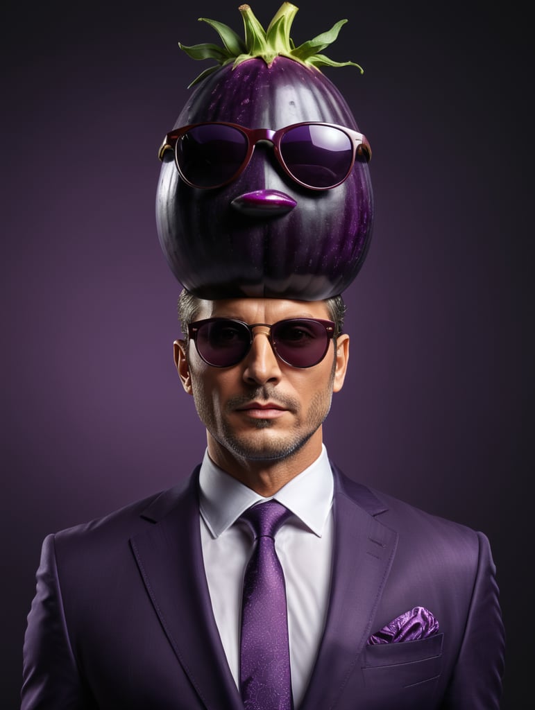 A man in a business suit with a eggplant for a head, dark purple background, sunglasses, isolated