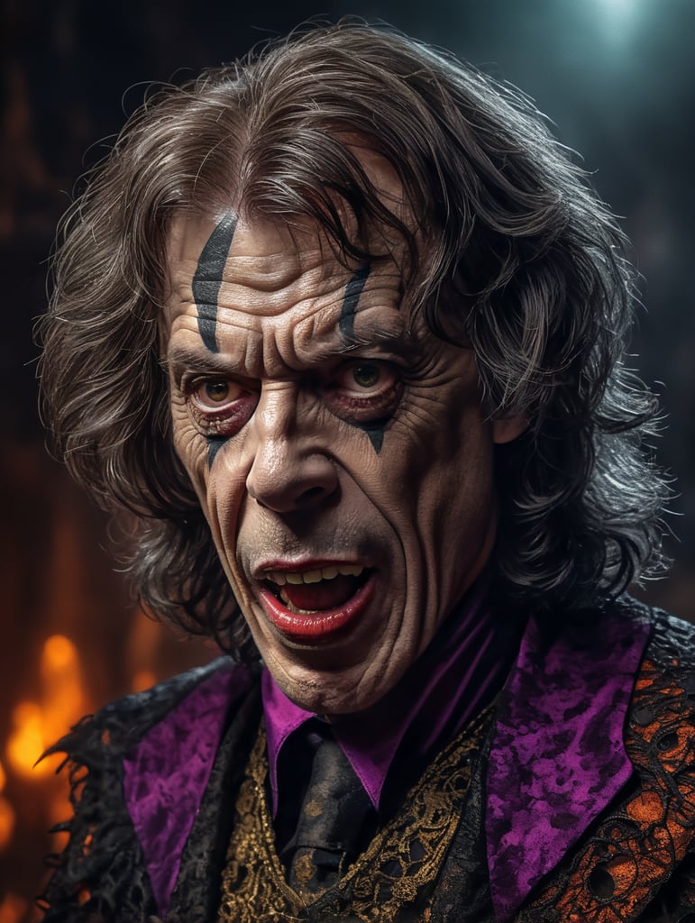 Mick Jagger as a creepy evil character wearing spooky Halloween costume, Vivid saturated colors, Contrast color