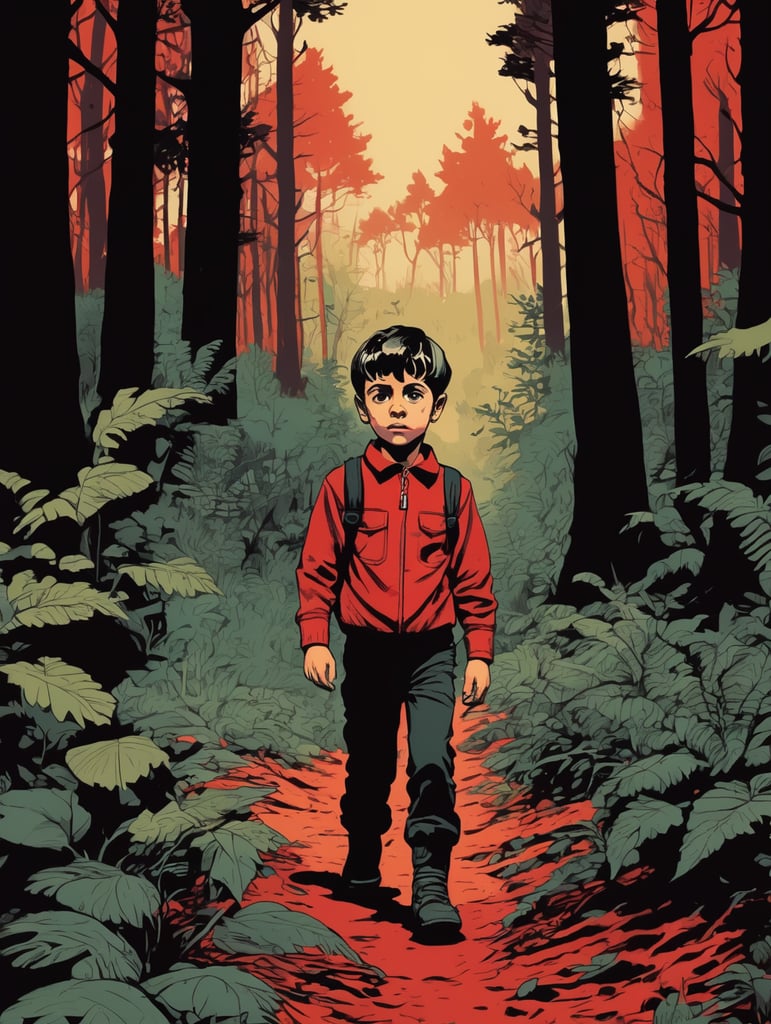 little boy lost in the forest in the style of Francesco Francavilla, red and black colors, bright colors,