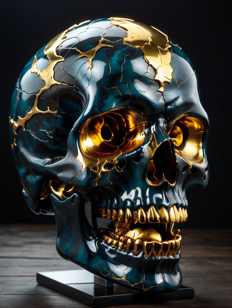 A cracked shiny obsidian sculpture of a skull with gold inside, studio lighting, dark background