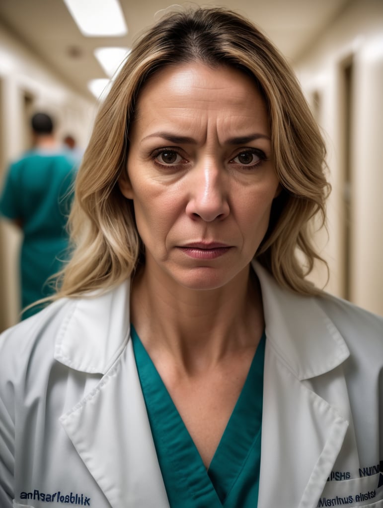 a 40-year-old female doctor, very tired, with an aged face, in a dirty white coat, unmotivated, working night shifts in a crowded hospital corridor, with many patients and nurses along the corridor