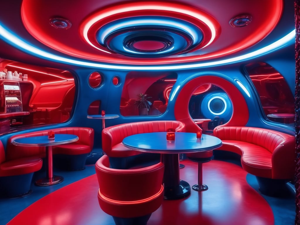 Futuristic interior of UFO cafe. Alien interior, red and blue tones