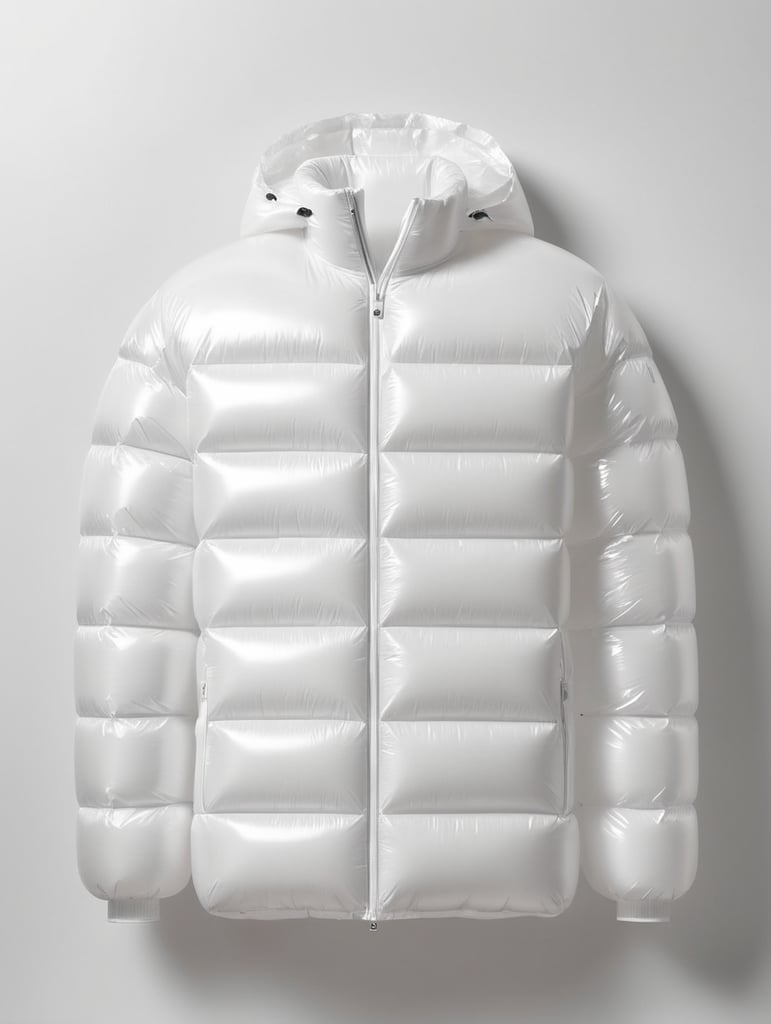 Inflatable white minimalist man's puffer jacket, transparent, isolated, grey background, mockup