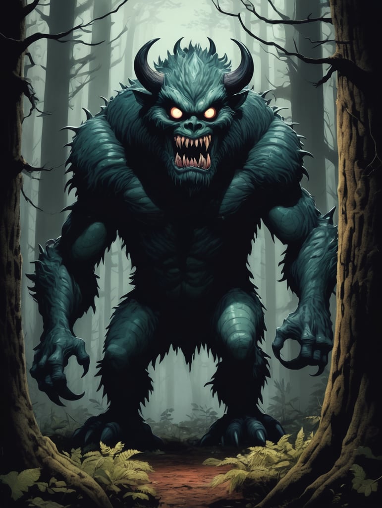 scary monster, in a dark forest, cartoon, cel-shaded, horror