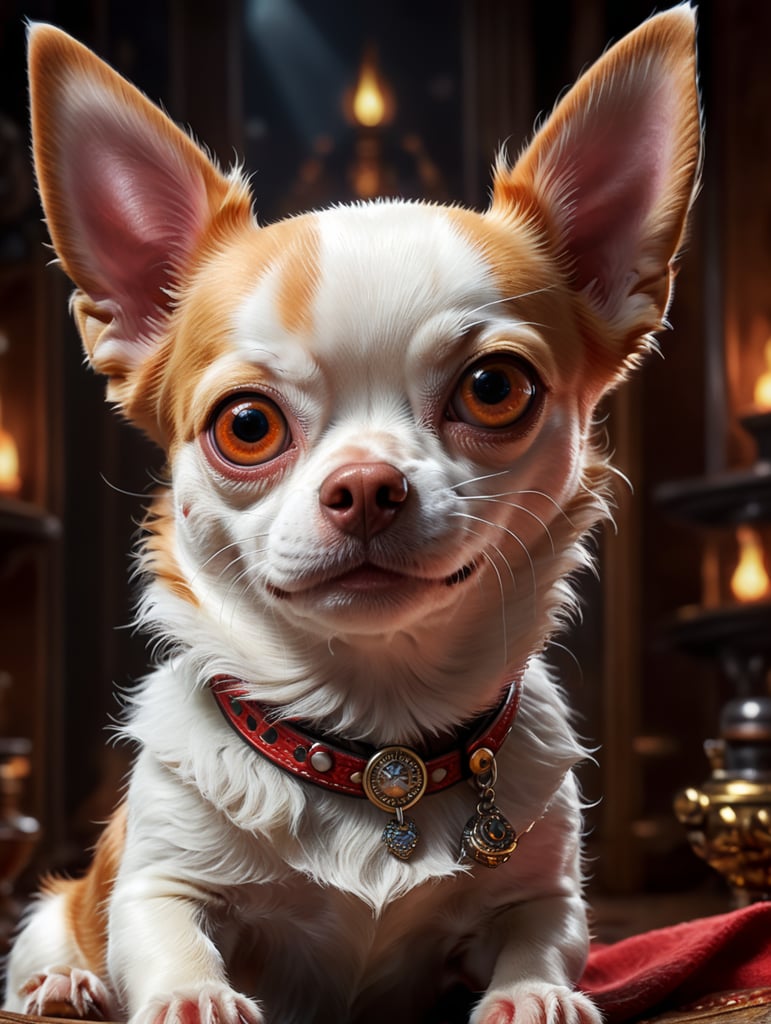 Disney poster of a red-and-white chihuahua with big eyes